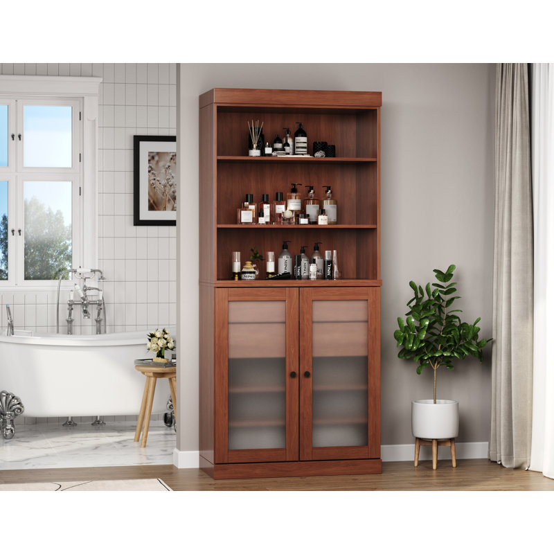 Armoire de salle de bain autoportante 100% bois massif 32 po avec portes en verre givré, 2 tiroirs et tablettes réglables - Rangement de salle de bain moderne