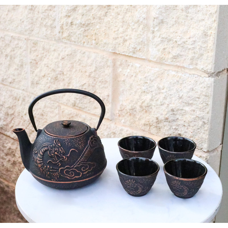 Théière Tetsubin en fonte, motif dragon oriental bronze, 975 ml (33 oz), et service de 4 tasses.