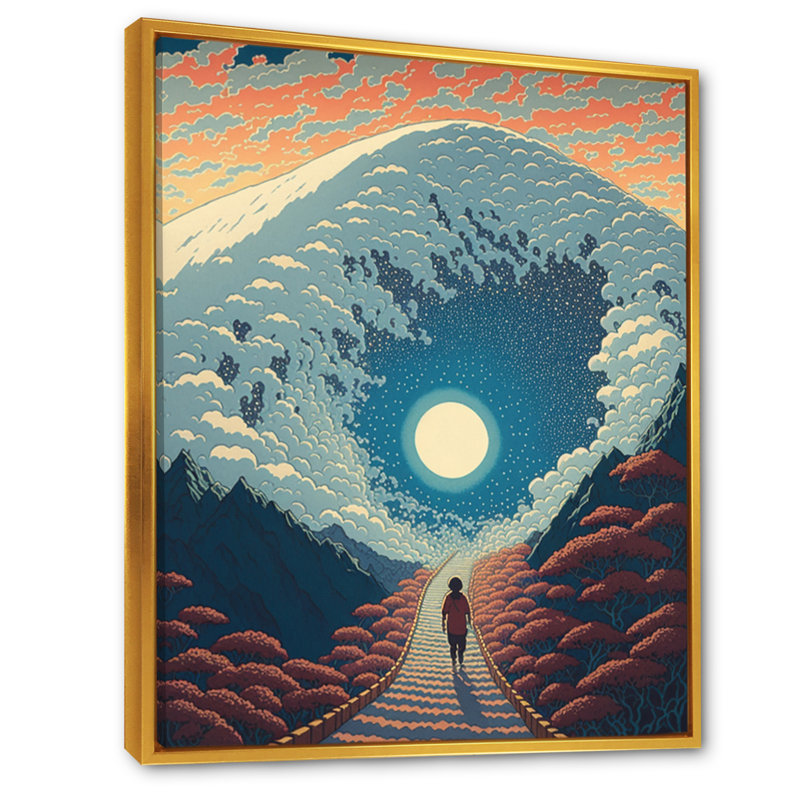 Marcher vers la montagne de la pleine lune II - impression, H 32 po x l 24 po x P 1 po, Toile avec cadre flottant or