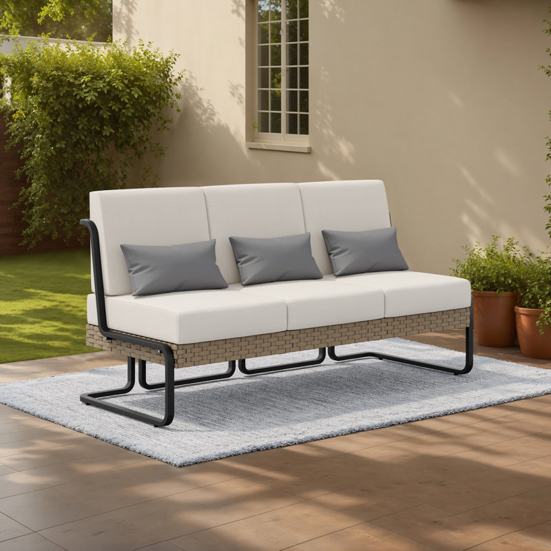 Aluminum & Wicker Outdoor Sofa With Cushions & Pillows, Beige, Khaki