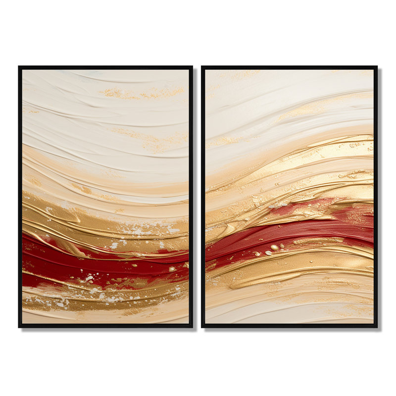 Fusion de vagues douces dorées et rouges - Art mural doré, Impression encadrée flottante, Black, 36" H x 48" W