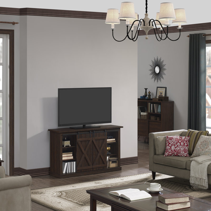 Lorraine TV Stand with Sliding Barn Doors, 54 Inch, Saw Cut Espresso