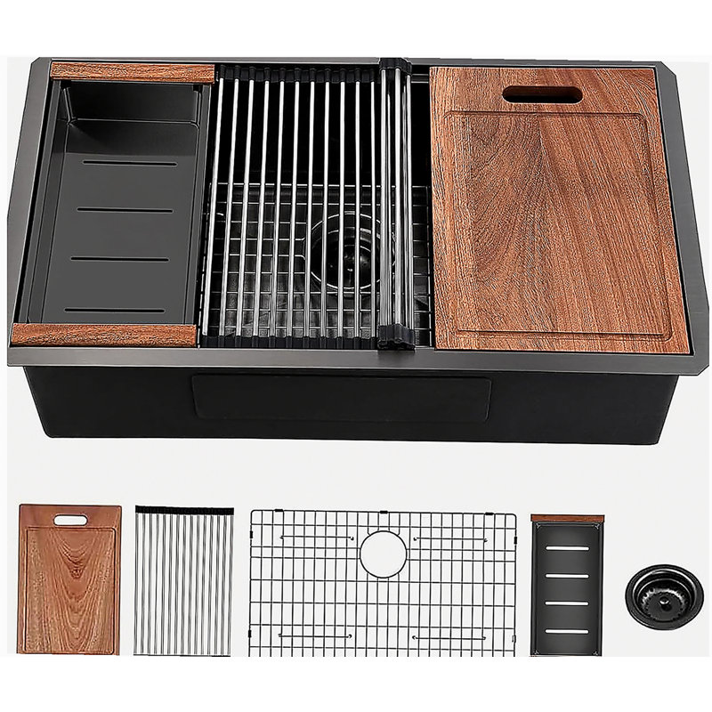 32 Gunmetal Black Undermount Workstation Kitchen Sink-32 x 19 Inch 16 Gauge Stainless Steel Undermount Kitchen Sink, Handmade R10 Radius 10 Inch Deep Undermount Single Bowl Sink with Accessories