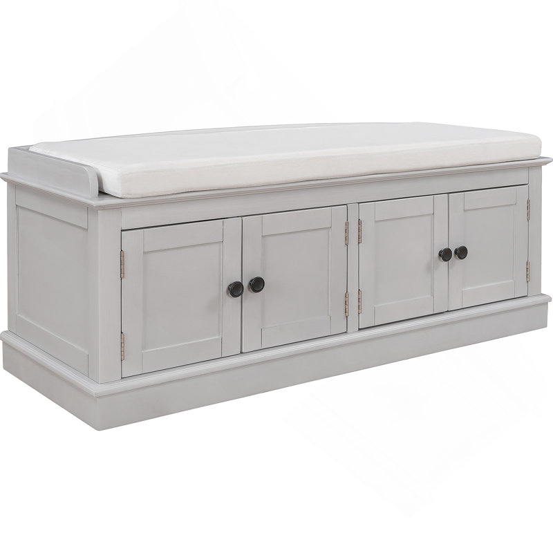 Hippolytus 42.7"Wood Storage Shoe Bench with 4 Doors and Adjustable Shelves and Removable Cushion, Gray Wash