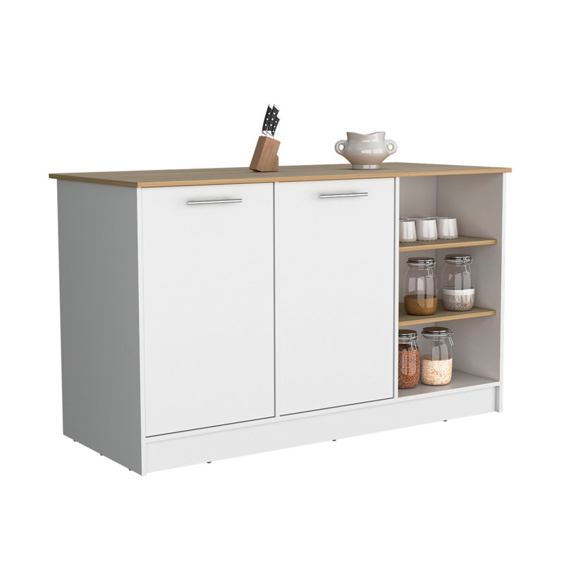 Îlot de cuisine deux armoires, trois tablettes ouvertes, blanc / chêne naturel, Natural Oak/White