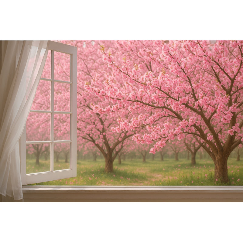 Orchard en fleur - fenêtre de rideau diaphane rose en fleurs, H 32 po x l 48 po