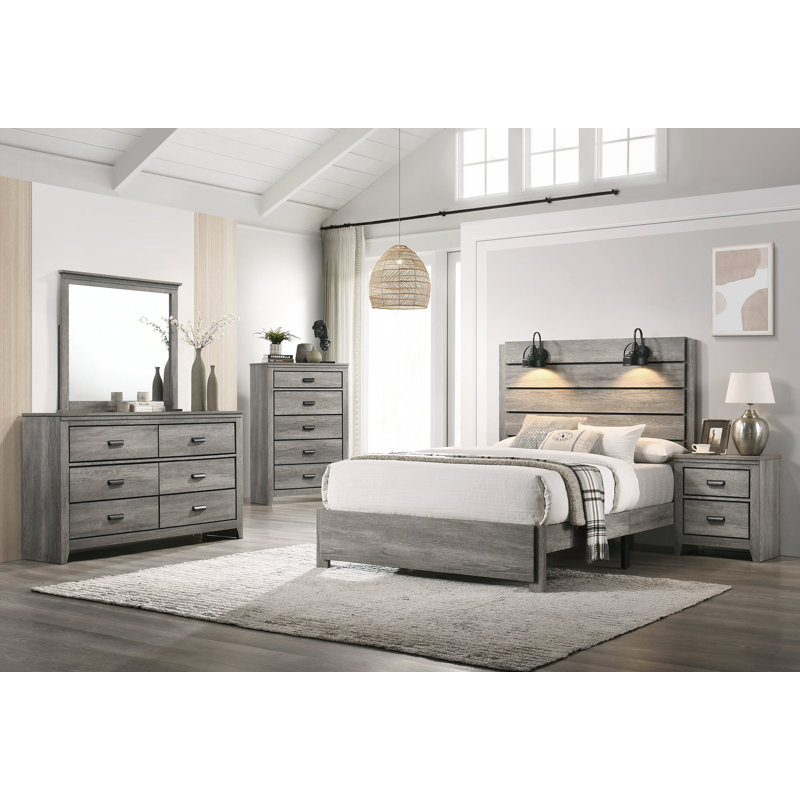 Ensemble de chambre à coucher avec lit plateforme Allamon, Gris, 6 pièces: lit, 2 tables de chevet, commode, miroi, Grand lit