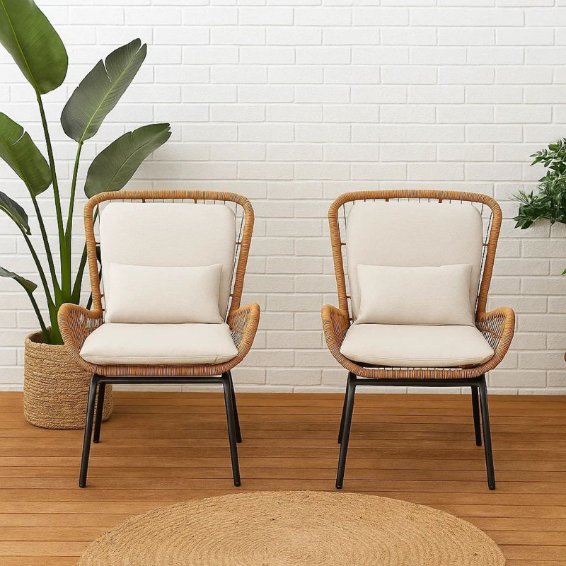 Ensemble de 2 chaises d'appoint d'extérieur, tissu blanc, faux rotin brun, noir
