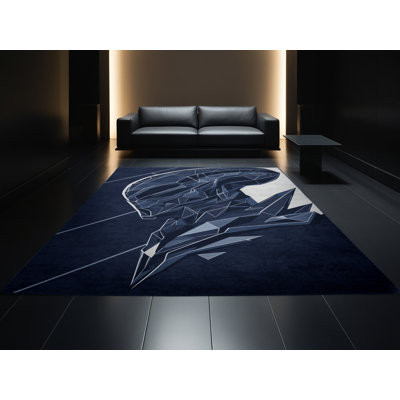 Soft Plush Fallston Alien Warrior Sleek & Chic Modern Geometric Area Rug in Blue – Navy Binding