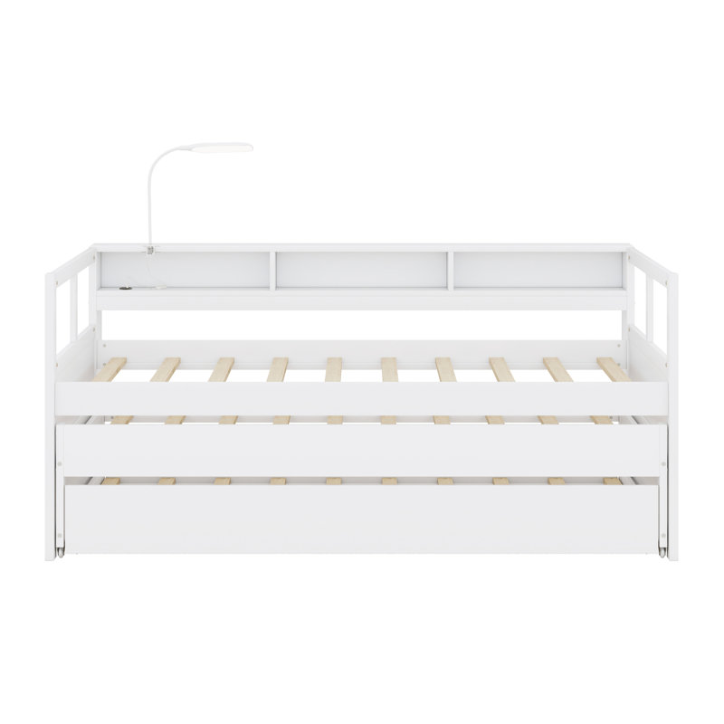 Daybed With 2 Trundles, Storage Shelves, 1 Light For Free And USB Charging Design, White