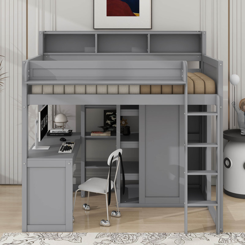 Lit mezzanine simple avec tablettes et garde-robe, Gris