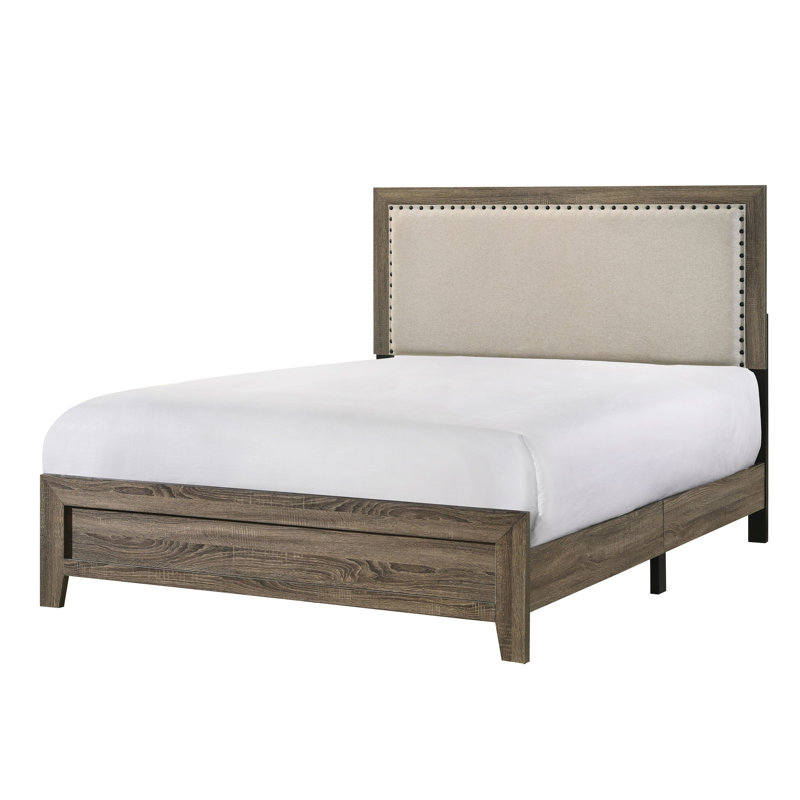 Grand lit contemporain en bois avec tête de lit tapissier et garniture cloutée en tissu de taille magnifique en gris, Gris