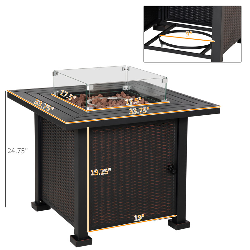 Table de foyer d'extérieur au propane en acier H 24,75 po x l 33,75 po