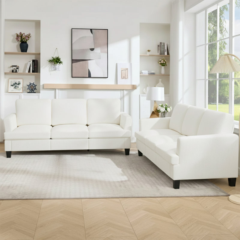 84'' Corduroy Upholstered 3-Seater Sofa Set of 2, White Corduroy