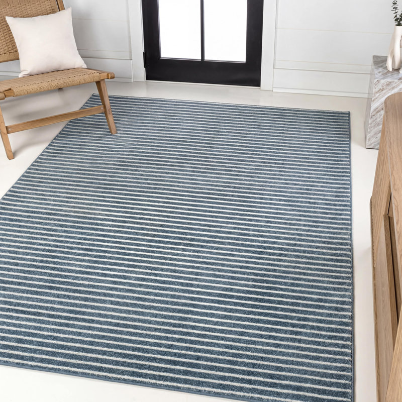 Tapis intérieur / extérieur rayé bleu marine / ivoire Fincham Aarhus, Rectangle 7 pi 10 po x 10 pi