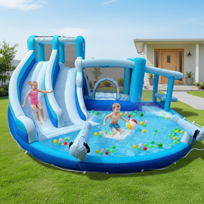 Jeu gonflable gonflable pour enfants et glissade d'eau - Amusement d'été extérieur / intérieur pour les enfants avec ventilateur inclus (bleu)