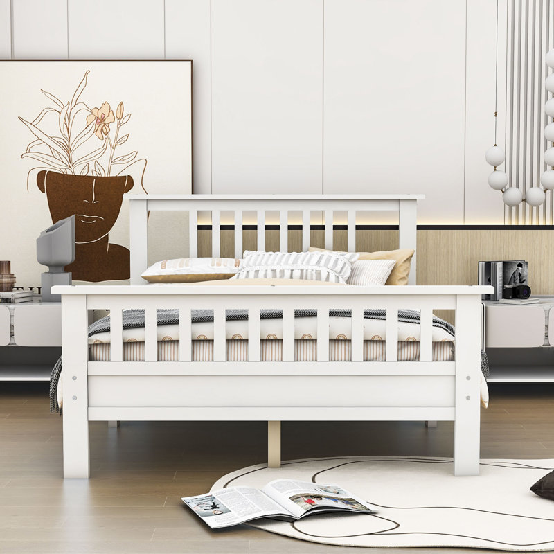 Lit plateforme en bois avec tête de lit et pied de lit Dwarozh, Blanc, Complète