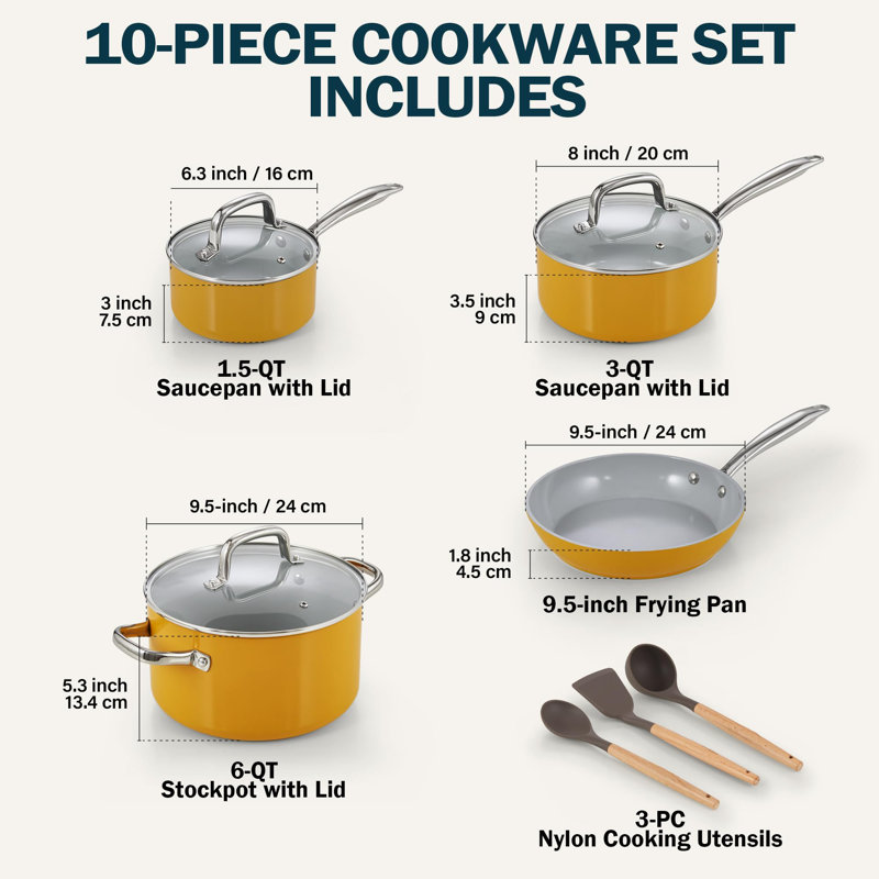 10-Piece Non-Stick Hard Anodized Ceramic Cookware Set, Yellow
