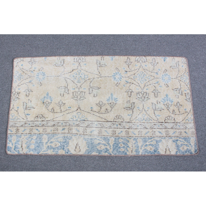 Handwoven Beige Turkish Oushak Rug - Small Vintage Wool Gift Rug with Intricate Design