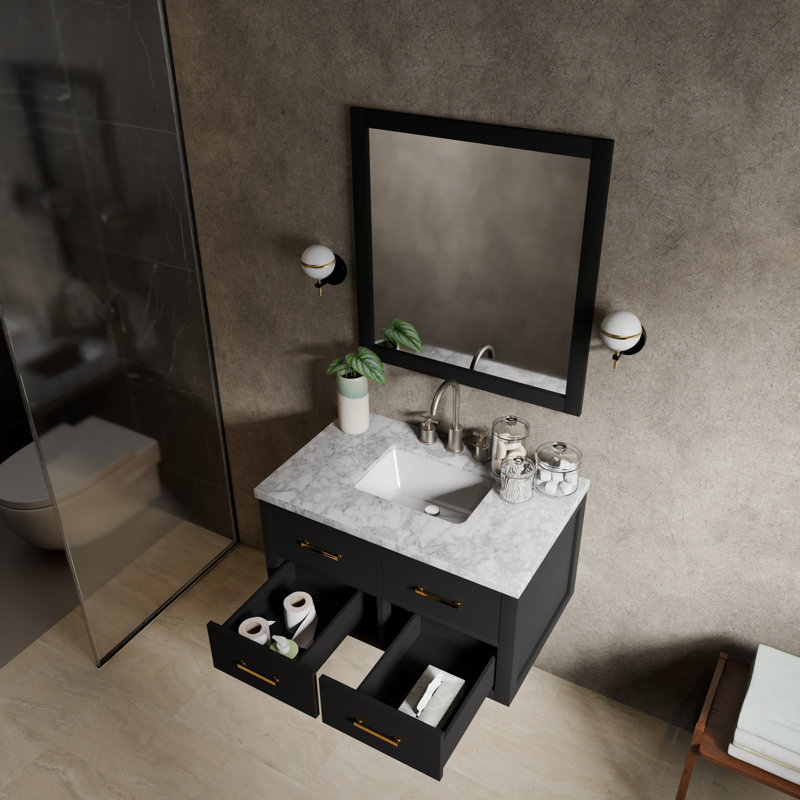 Meuble-lavabo simple l 36 po x P 22 po Castor, Noir, Marbre de Carrare blanc