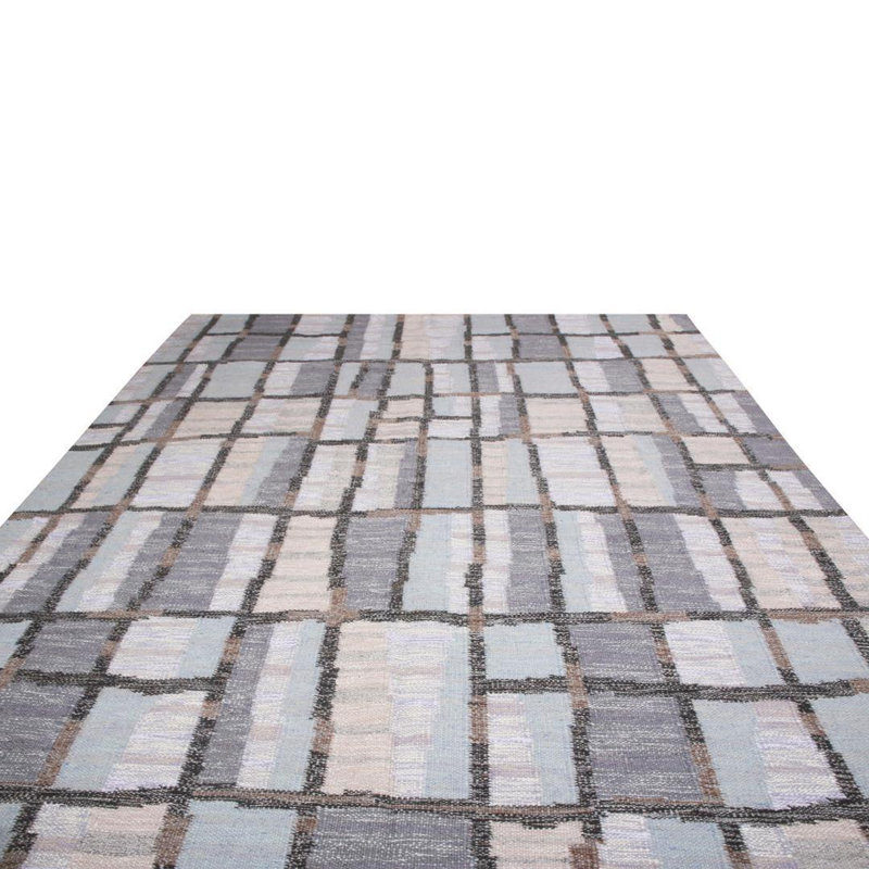 Rug & Kilim’S Scandinavian Geometric Gray And Blue Wool Rug, Rectangle 12' x 15'