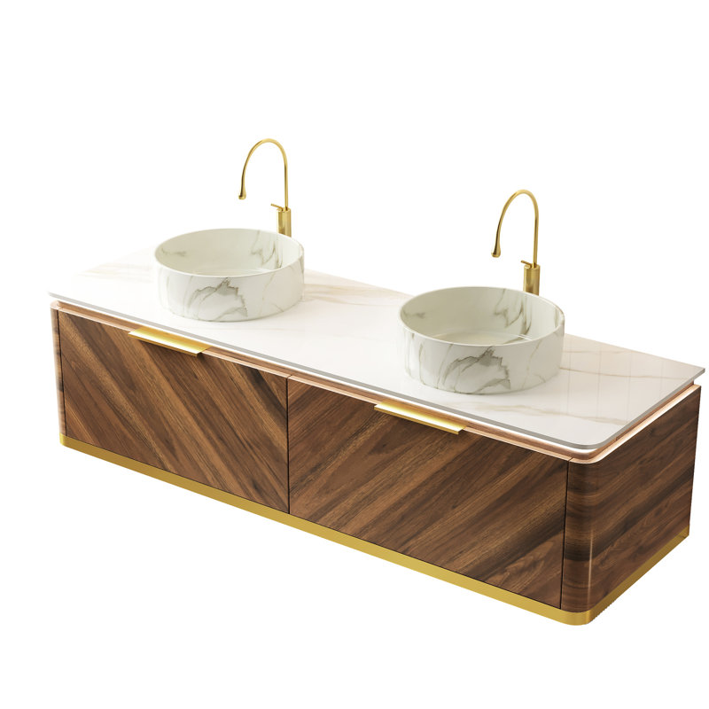 Mur 60 po - comptoir fixe en pierre frittée blanche et cabine en contreplaqué noyer foncé, bouchon de lavabo sans robinet, multicouche pour une durabilité accrue, bords façonnés par pliage à chaud, poignées dorées sous auto