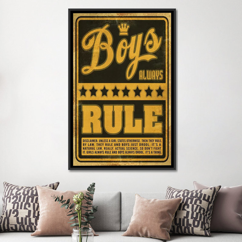 « garçons rule », reproduction d’impression sur toile, H 48 po x l 32 po x P 1,5 po, Toile avec cadre noir, Pas de tapis