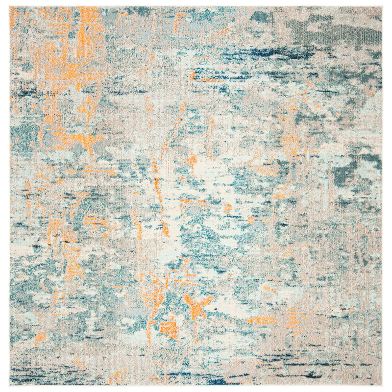 Tapis abstrait bleu / beige / orange Riccio, Carré 6 pi 7 po