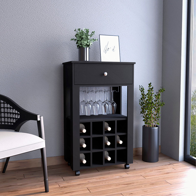 Bar Cart, Twelve Built-in Wine Rack, Four Legs, One Open Shelf, Black