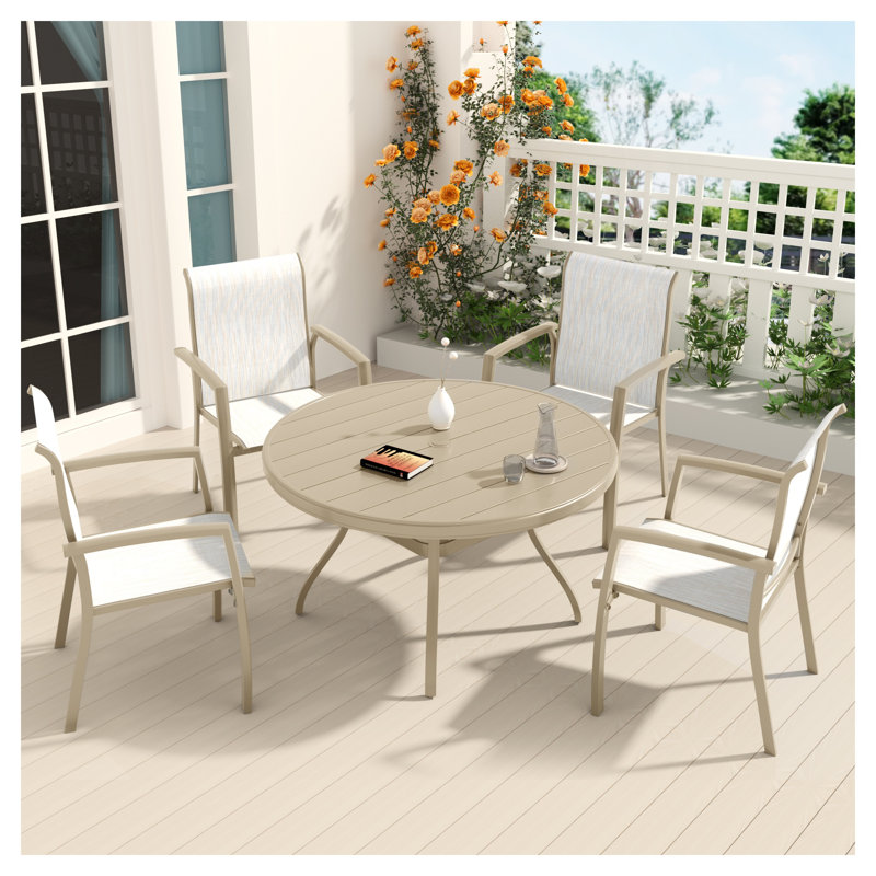 Ensemble de salle à manger d'extérieur 5 pièces avec trou pour parasol, structure en métal résistant aux intempéries et tissu textilène, finition grès (4 places)