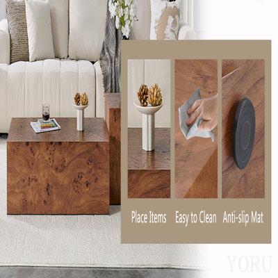 Premium Burl Walnut Veneer Mdf Cube Table, Height Adjustable Multi-Purpose Coffee Side End Table For Living Room, 39.4"×21.7"×11.8", No Extra Items Included