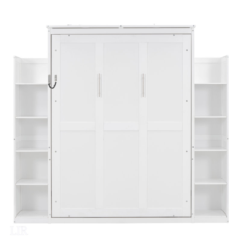 Lit escamotable double avec tablettes et lumières DEL pour une utilisation compacte et multifonctionnelle, Blanc