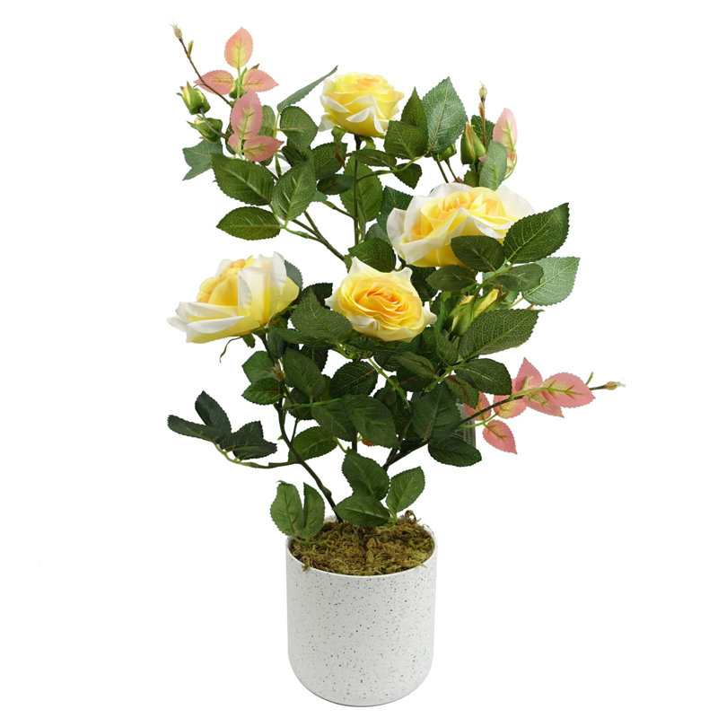 Plastic, Silk Rose Arrangement in Pot, Yellow