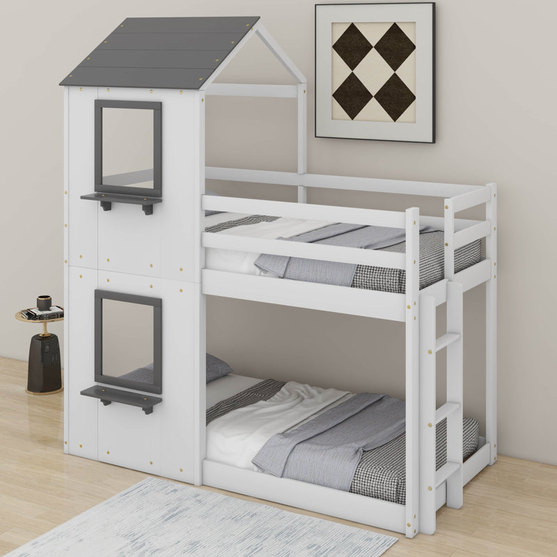 Lit superposé simple au-dessus d'un lit simple en bois avec toit, fenêtre, échelle et garde-corps, Blanc