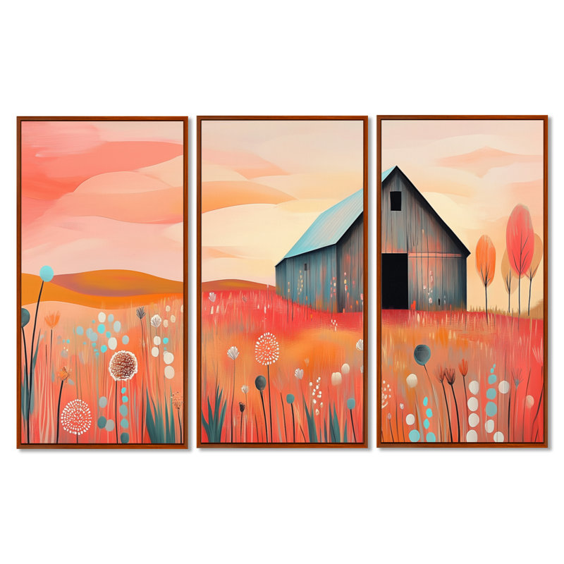 Summer Fields Barn at Dusk - Orange Farmhouse, art mural encadré 3 pièces, H 40 po x l 60 po, Cadre flottant brun