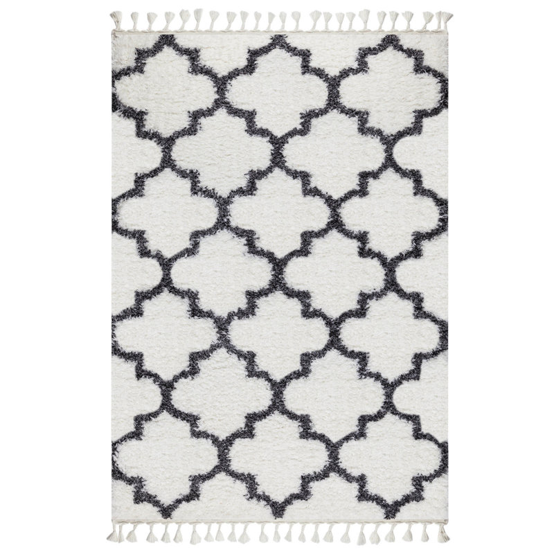 Tapis luxueux, blanc et anthracite | 100% polyester brillant, hauteur de poils de 1,97 po | Semelle en jute de coton durable, 400 000 points de fil | Conception à franges, nettoyage facile à l'aspirateur, décoration intérieure élégante