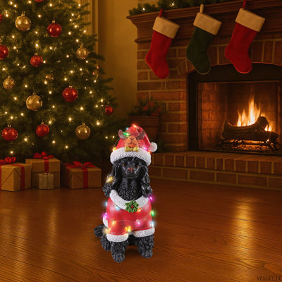 Statue de Noël caniche noir, figurine de chien des Fêtes en tenue de père Noël rouge