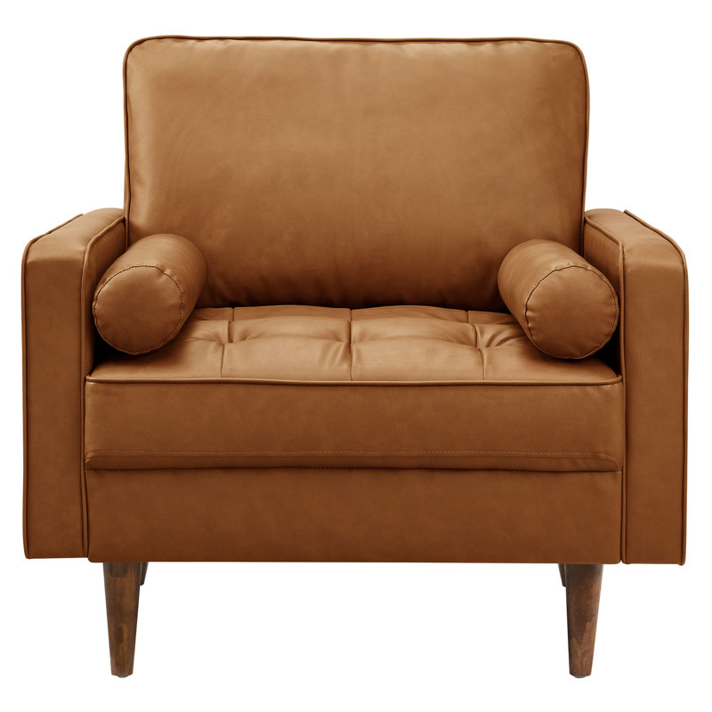 Upholstered Vegan Leather Accent Armchair, Tan Faux Leather