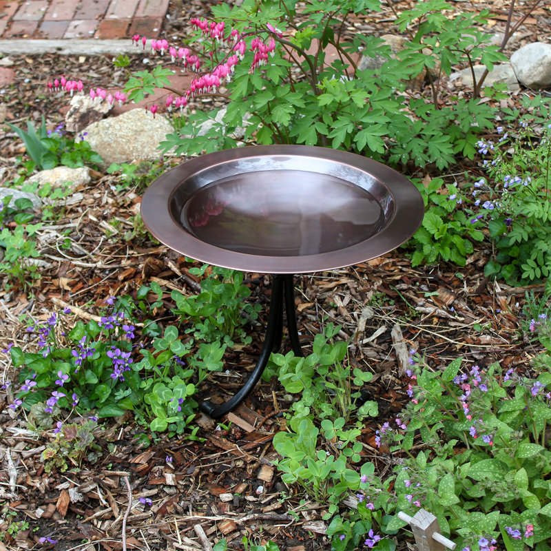18" Antique Copper Birdbath with Black Wrought Iron Stand
