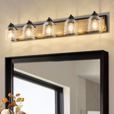 Farmhouse 5-Light Vanity Light – Iron & Seeded Glass Bathroom Mirror Light(Bulbs Not Included)