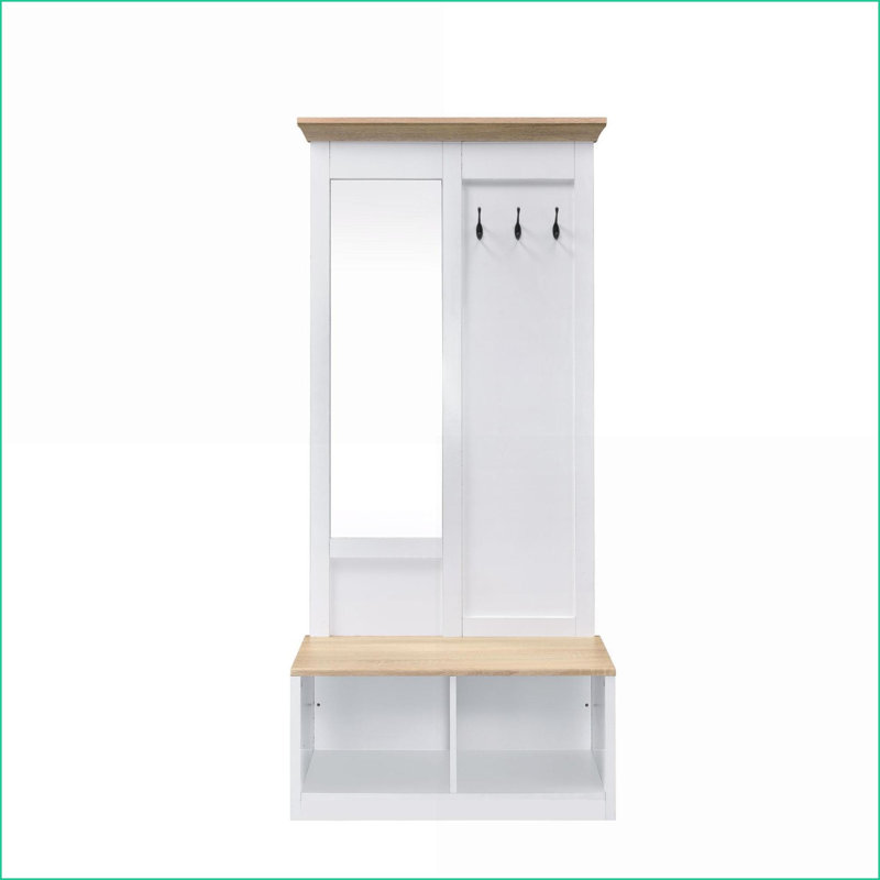 Arbre d'entrée avec miroir, banc, rangement et amp; Crochets, chêne clair et amp; Blanc | Bois composite | Portemanteaux