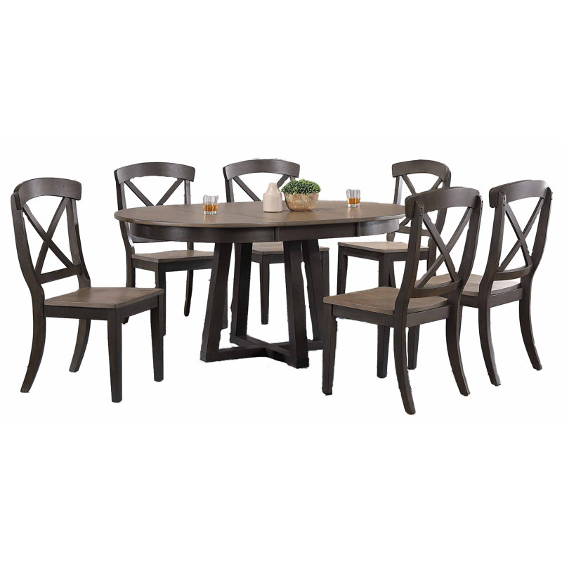 Laesha Solid Wood Extendable Dining Set With 18" Takeout Leaf (seats 4-6 people), 7 Pieces: 1 Table, 6 Chairs