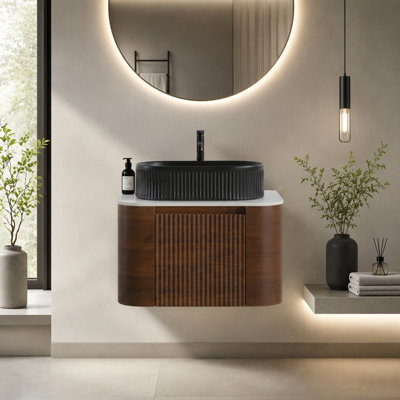 Meuble-lavabo de 24 po avec lavabo, armoire murale en noyer avec porte-serviettes gratuit, lavabo simple en céramique rayé ovale, sans drain et robinet, pré-assemblé