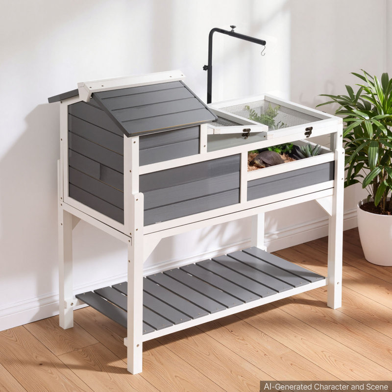 Enclos pour tortues en bois de 4 pièces avec support de lampe réglable, pour petits animaux d'intérieur et d'extérieur, 2 étages et rampe, grand enclos pour tortues et reptiles avec tablette de rangement et toit ouvrant.