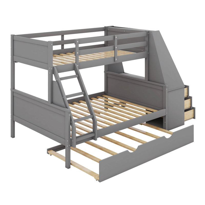 Lit simple superposé au dessus d'un lit double avec bureau, tiroirs et tablettes, gris