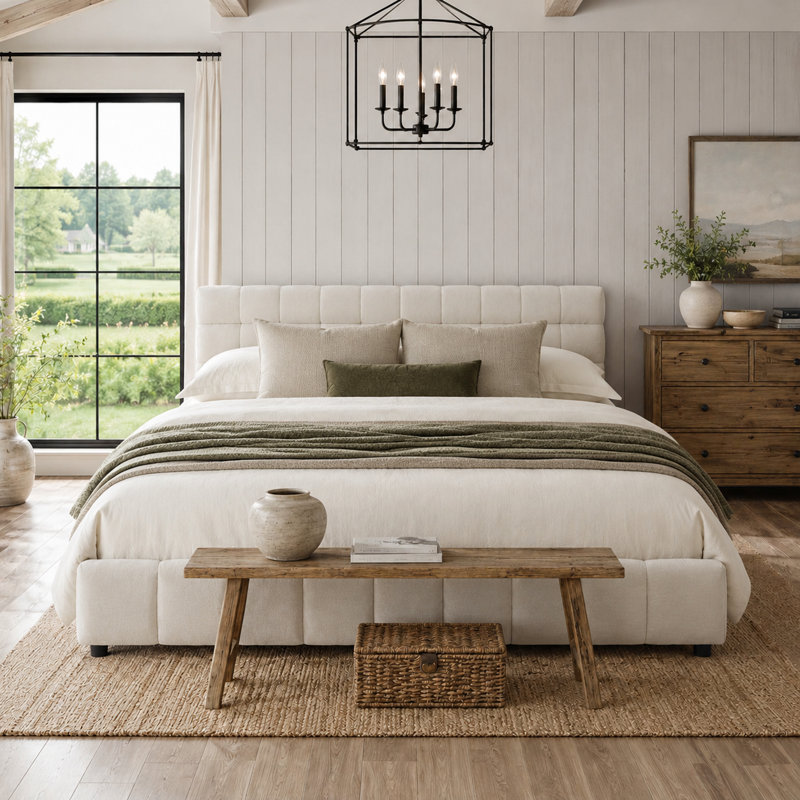 Lit plateforme tapissier en chenille moderne avec quatre tiroirs sous le lit, Beige, Très grand lit