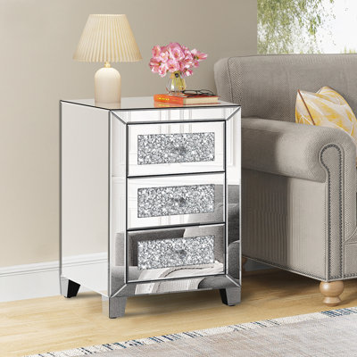 Crushed Diamond Mirrored Nightstand, Silver End Table With 3 Drawers, Mirrored Bedside Table For Bedroom Living Room, No Assembly Needed