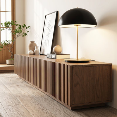 Console média moderne cannelée - Meuble télé 86,6 po avec portes à lattes, structure en MDF et base en bois massif - pour téléviseurs de 90 po ou moins
