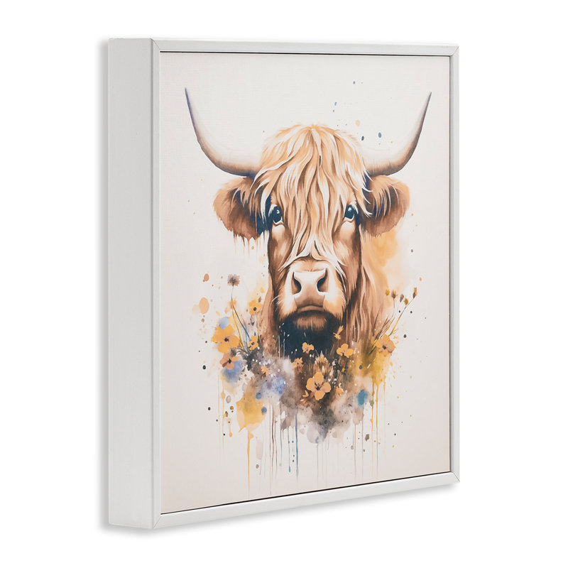 «Fancy Florals Highland Cow», art de la giclée encadrée par Andrea Haase, Giclée encadrée blanc bord de mer