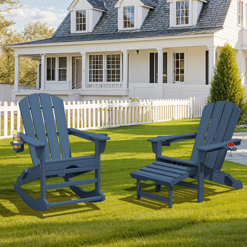 Chaise Adirondack d'extérieur en PEHD pliante et berçante avec porte-gobelet double et Ottoam , Marine